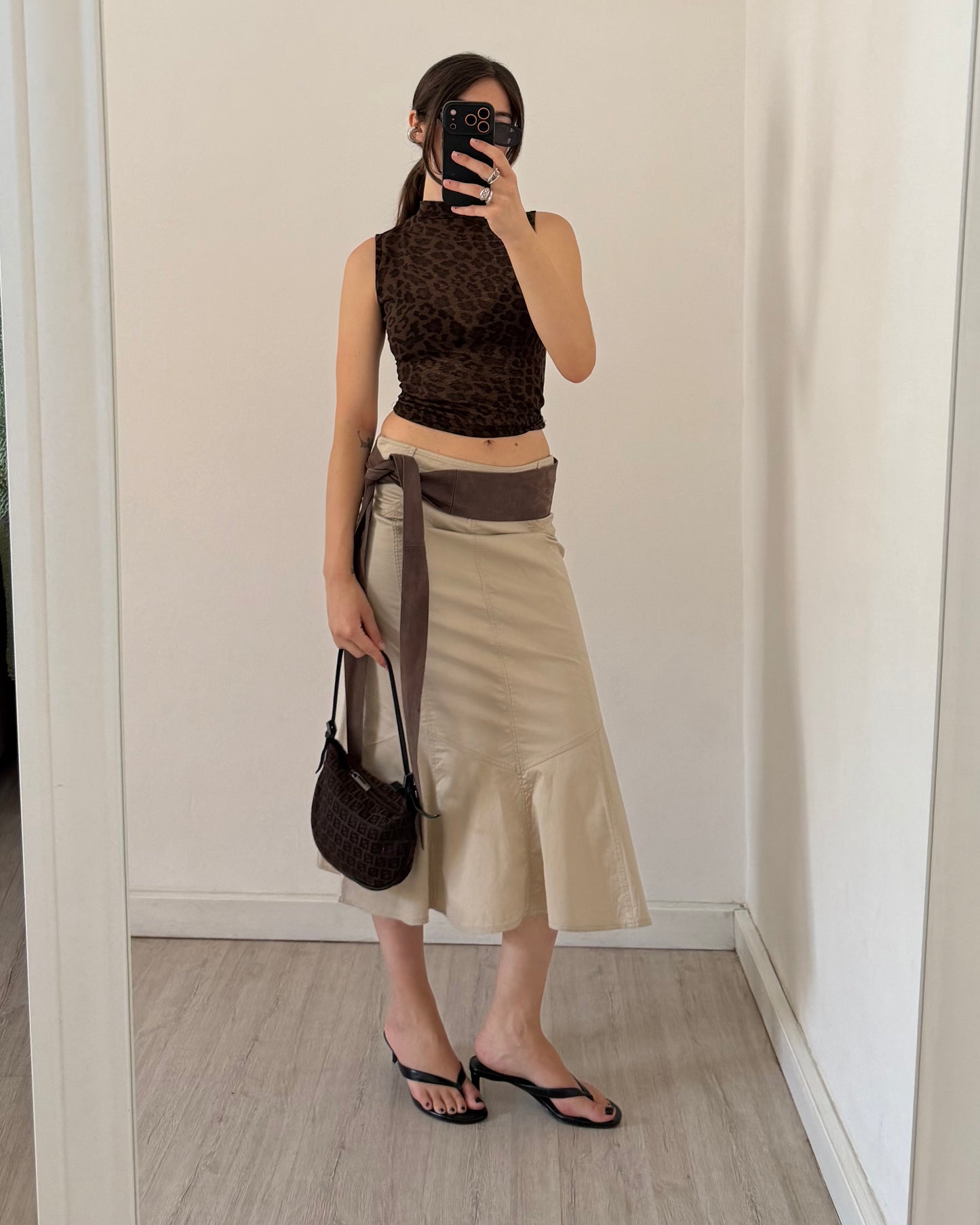 Beige cotton midi skirt