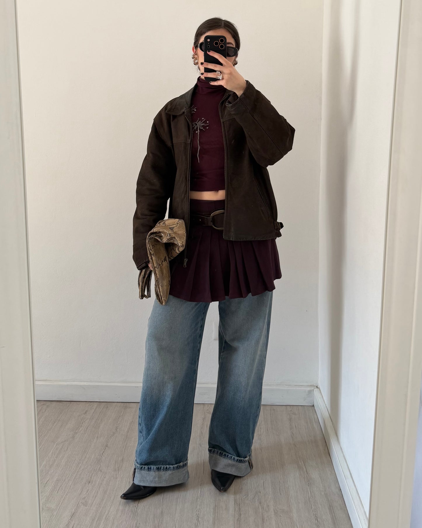 Brown distressed leather bomber jacket