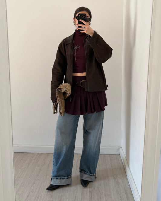 Brown distressed leather bomber jacket