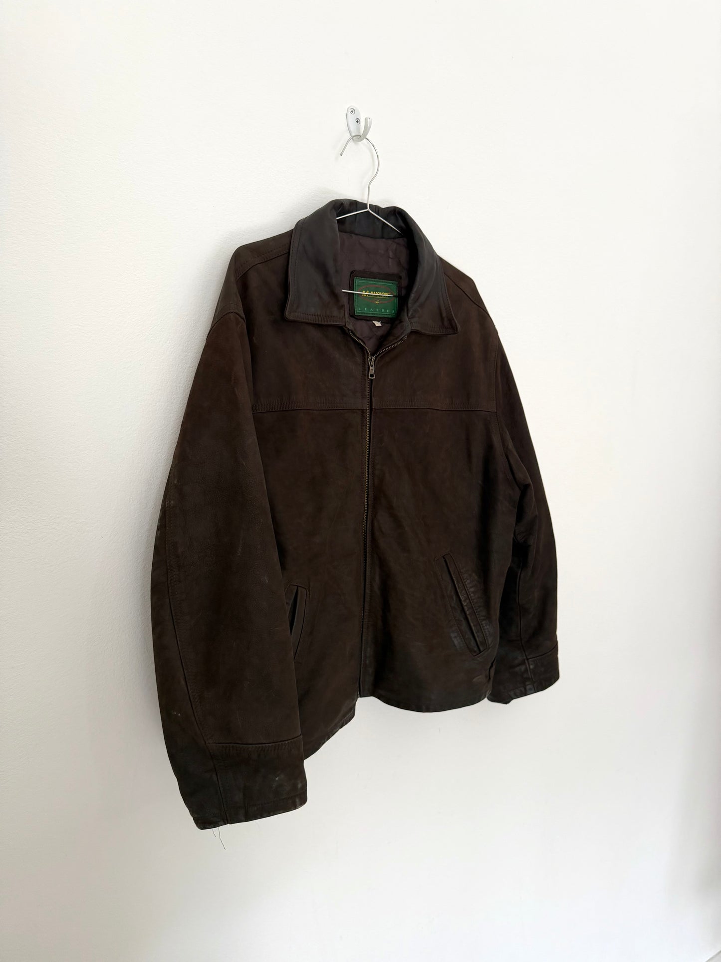 Brown distressed leather bomber jacket