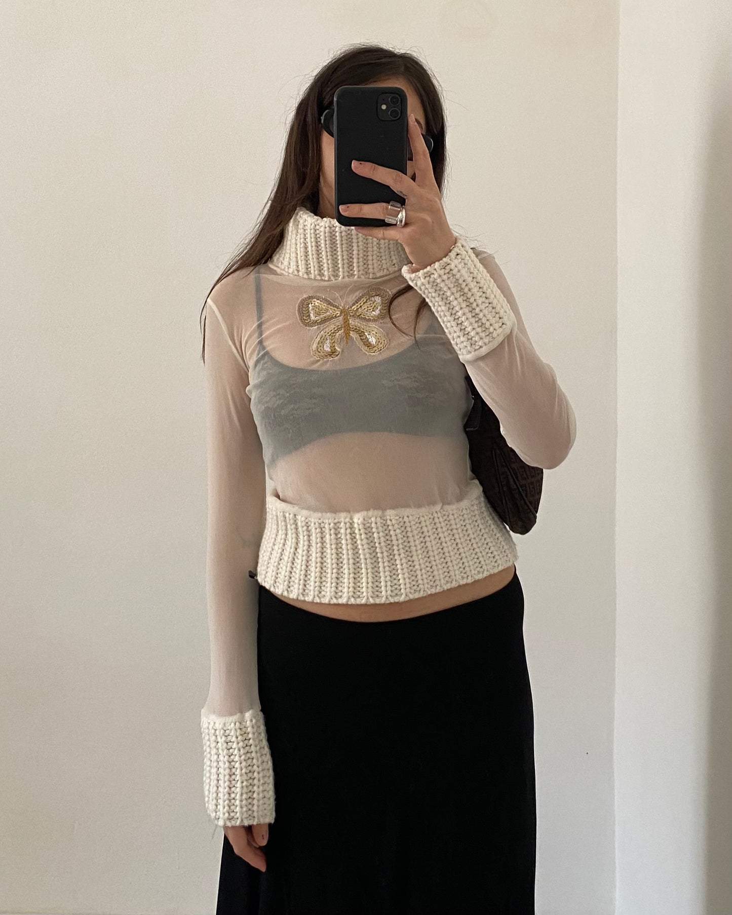 Sheer micro mesh turtleneck top