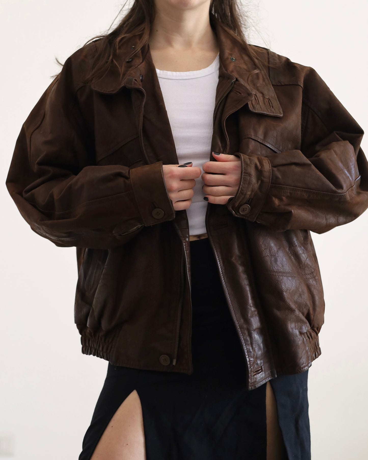 Distressed leather bomber jacket