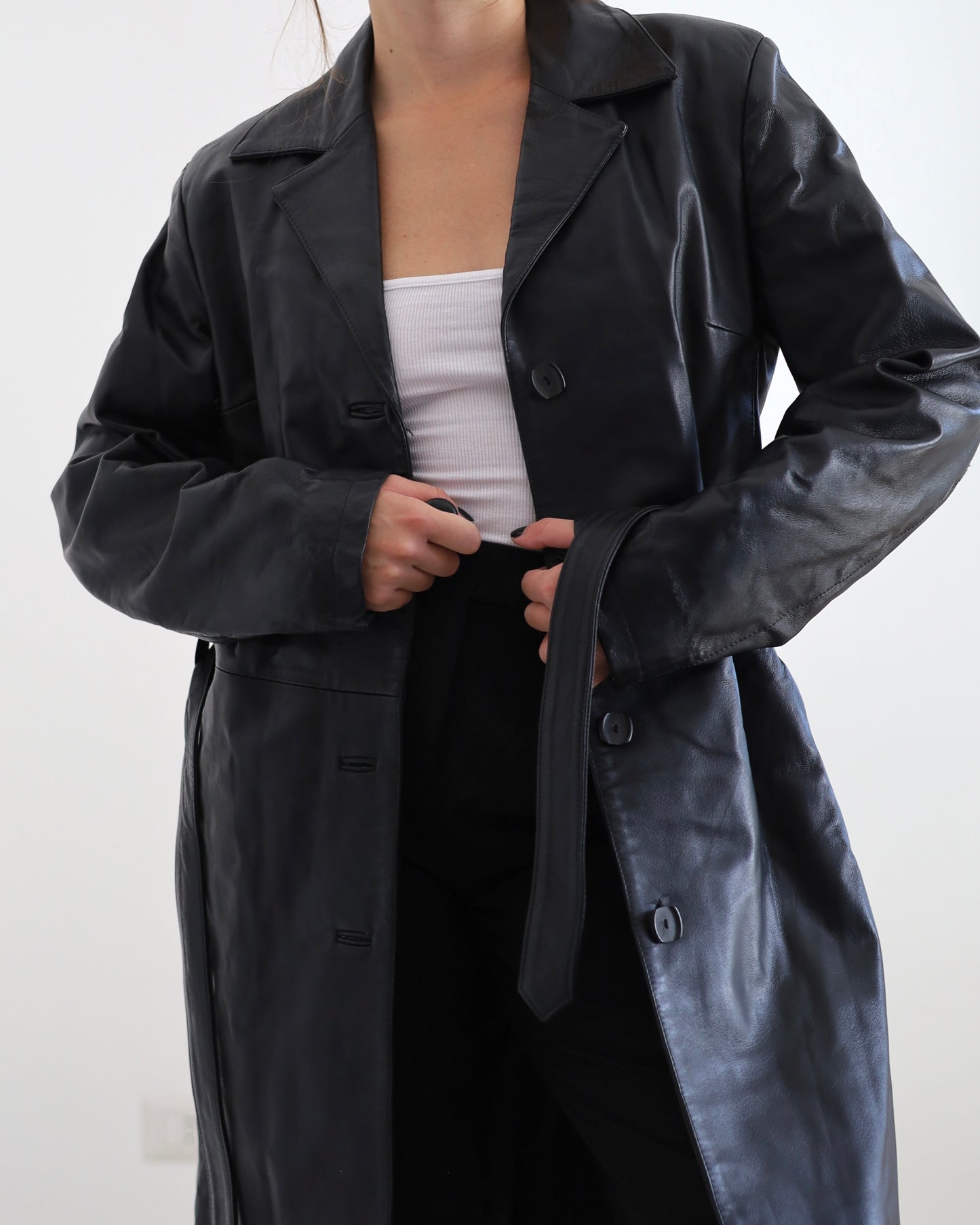 Belted leather trench jacket