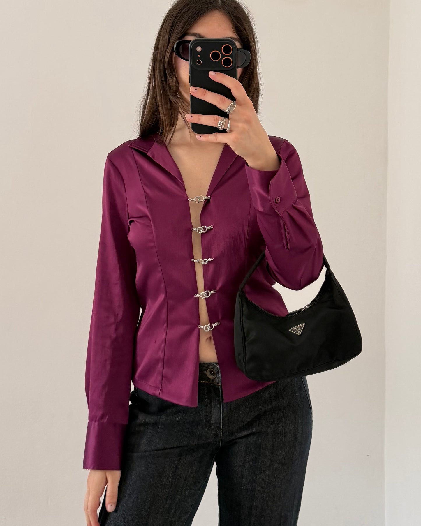 Satin shirt with metal hooks