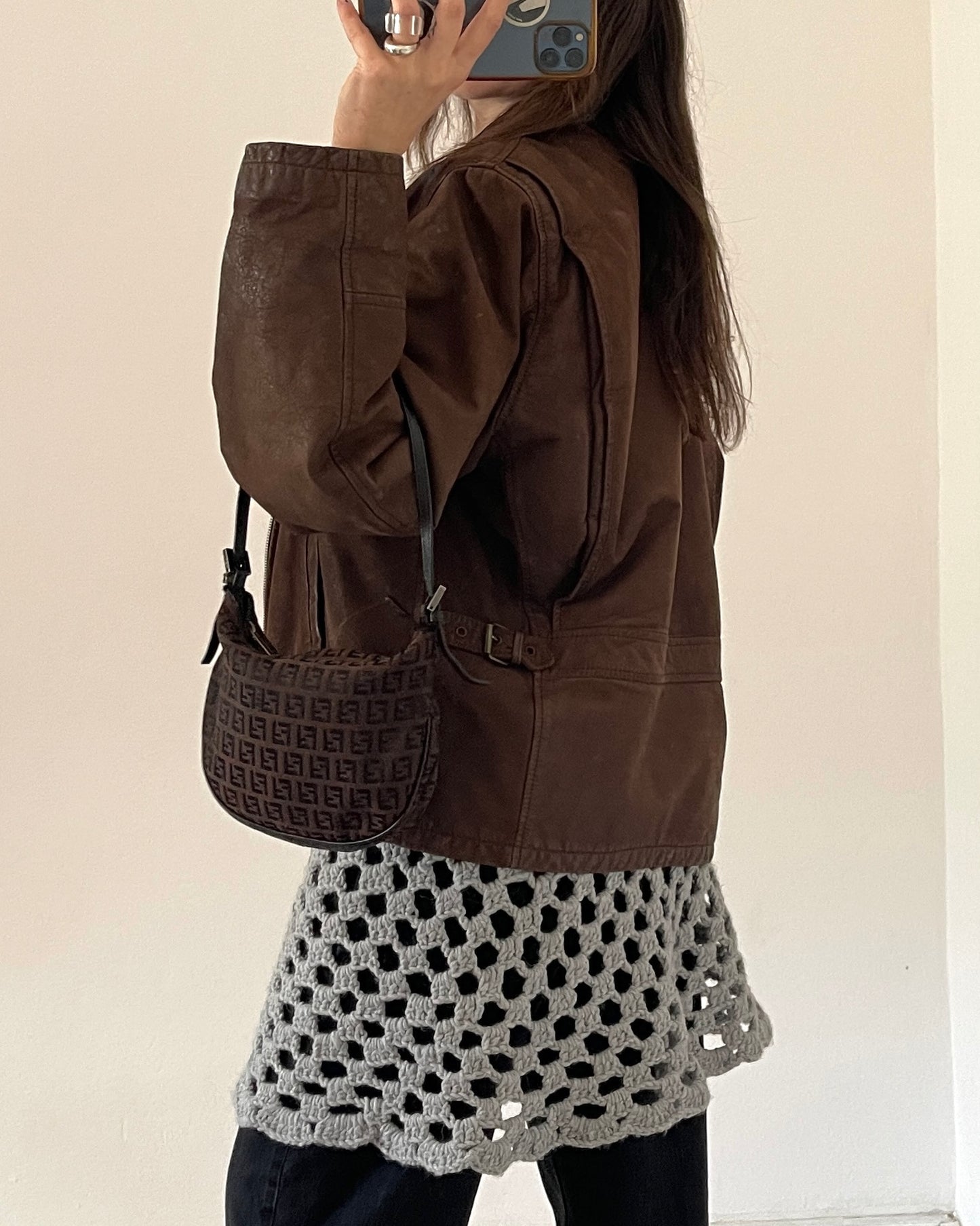 Brown leather bomber jacket