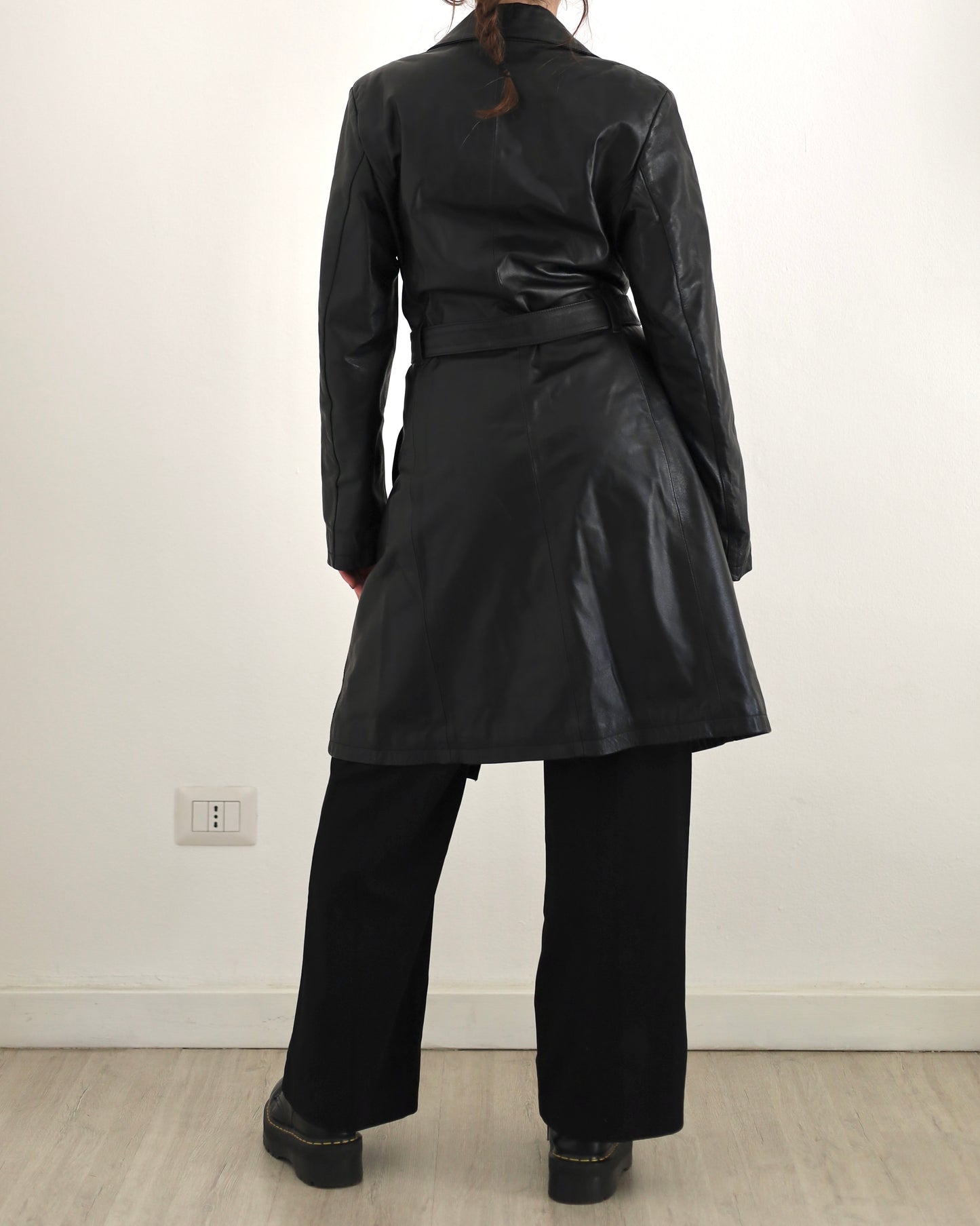 Belted leather trench jacket