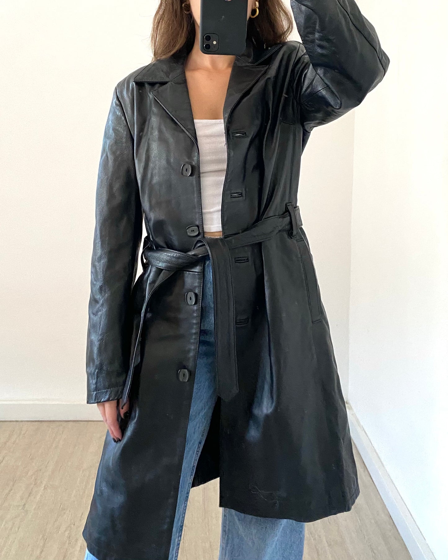 Belted leather trench jacket