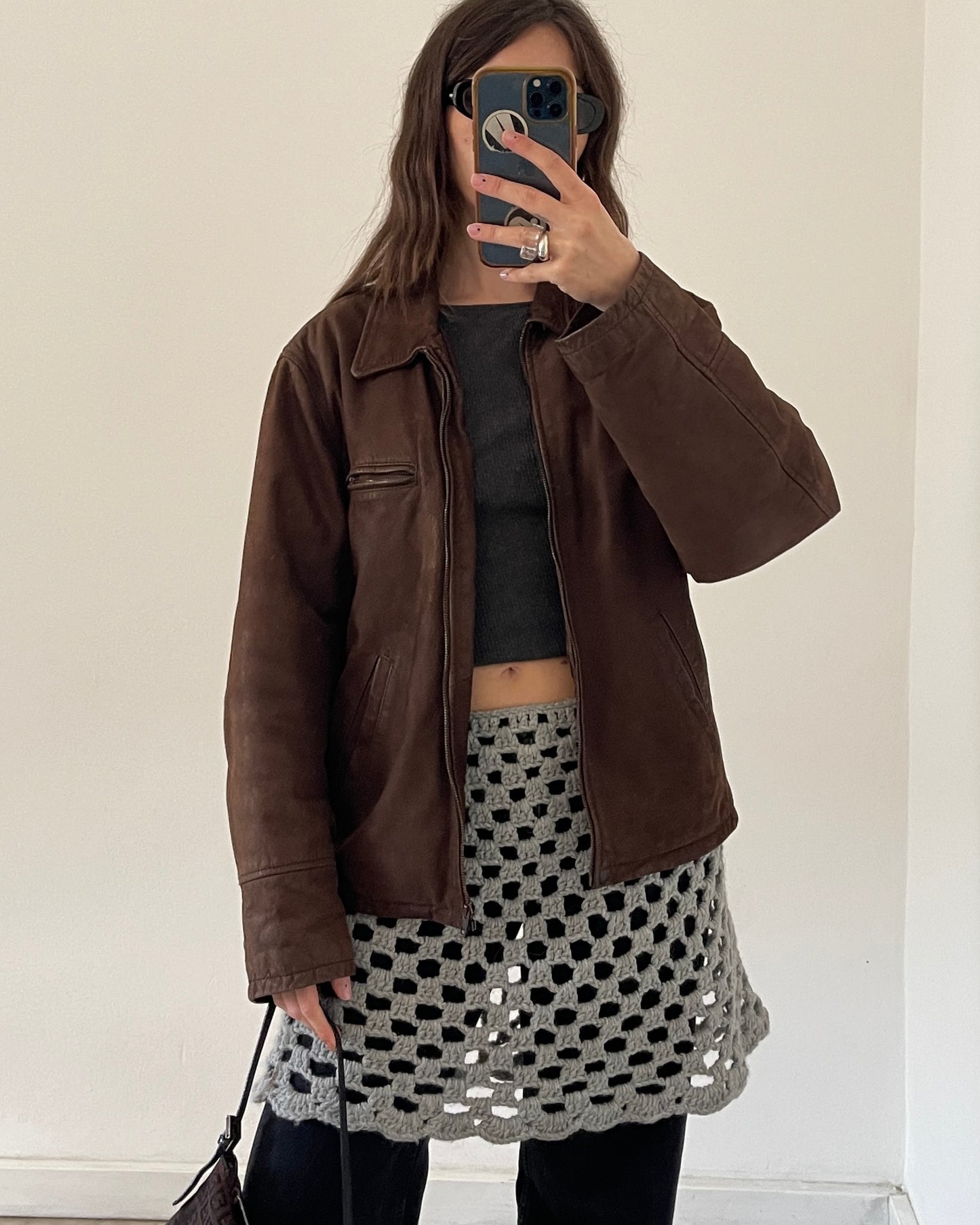 Brown leather bomber jacket