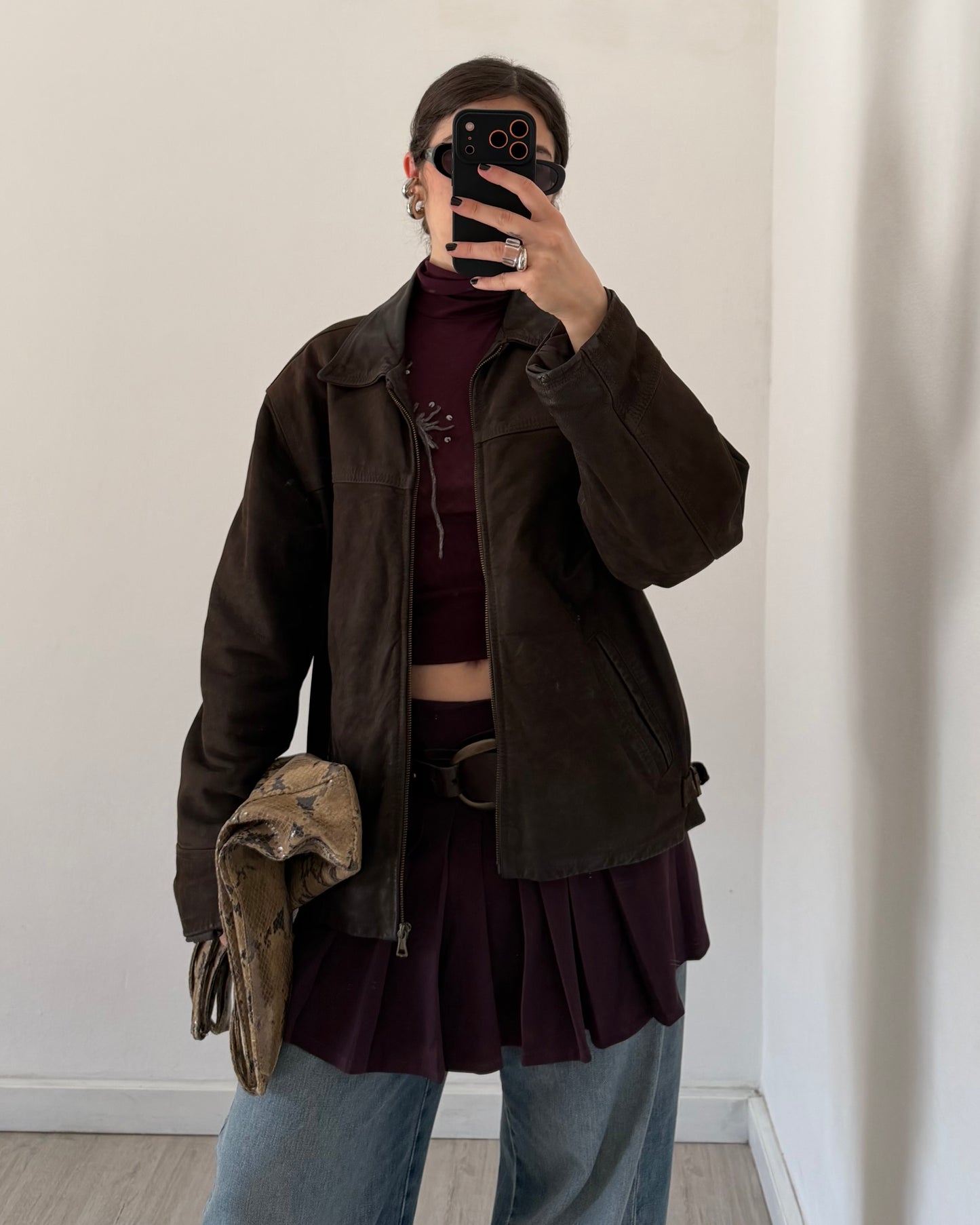 Brown distressed leather bomber jacket