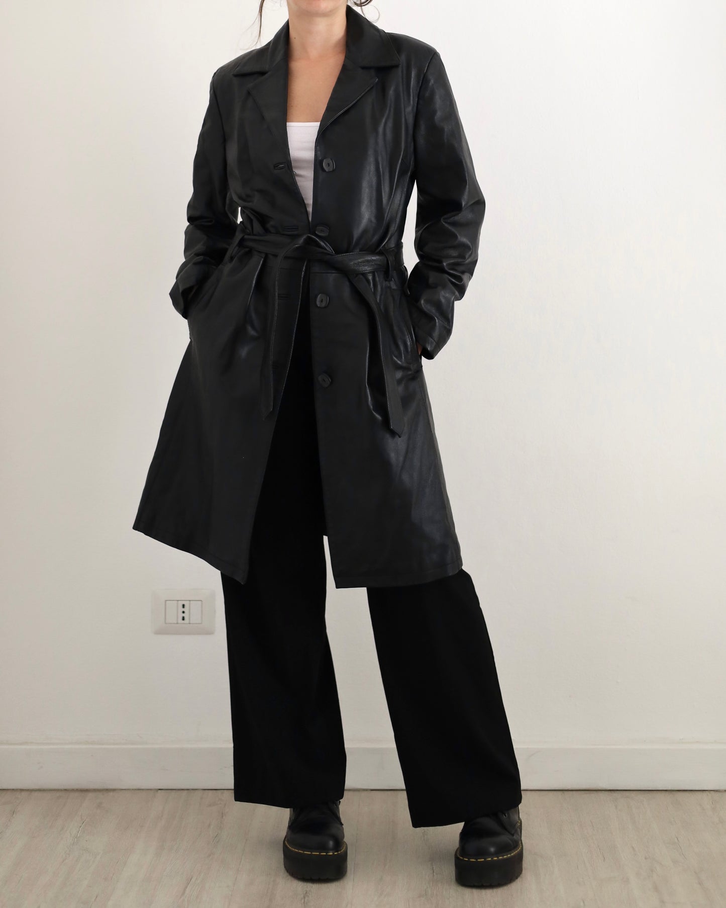 Belted leather trench jacket