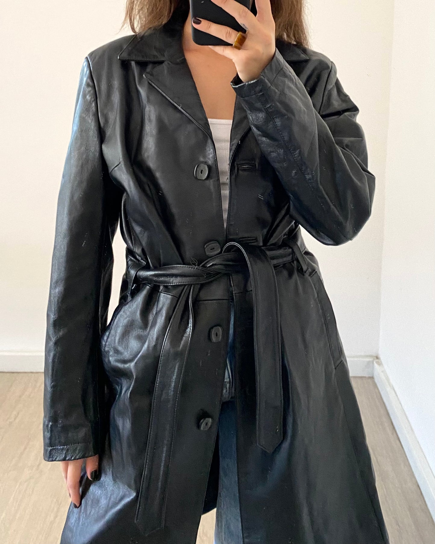 Belted leather trench jacket