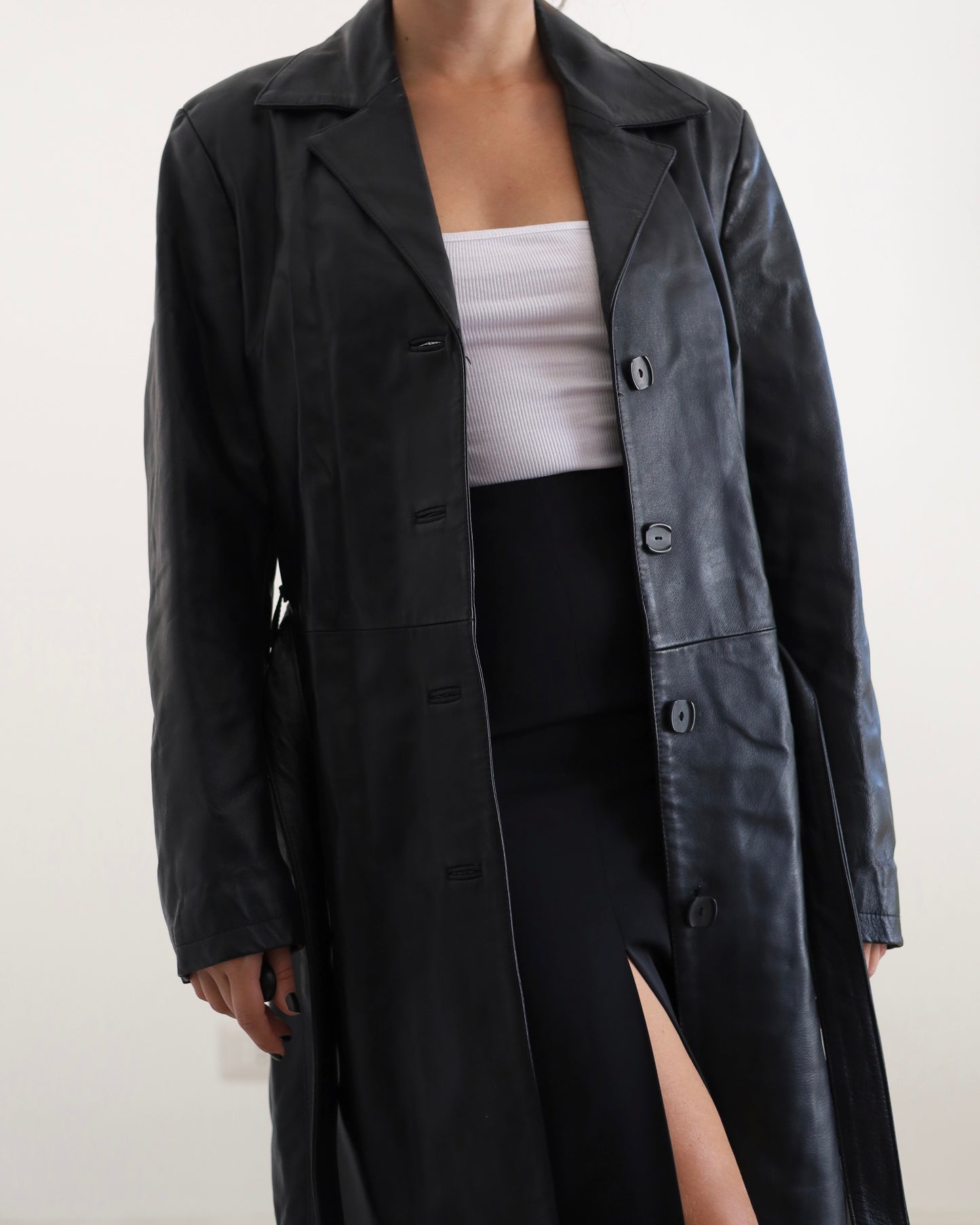 Belted leather trench jacket