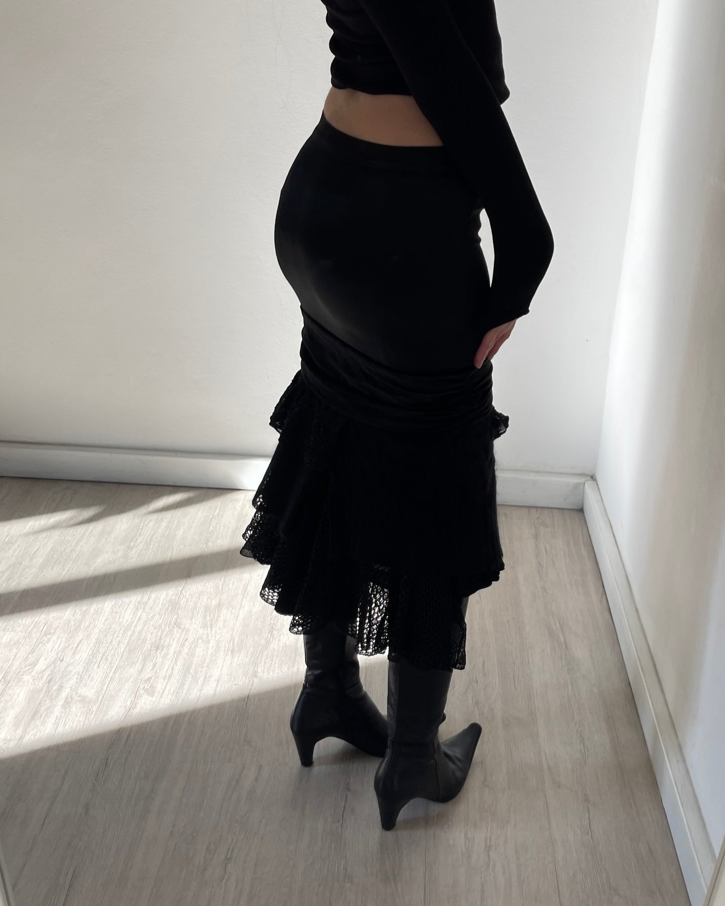 Satin mohair patchwork midi skirt