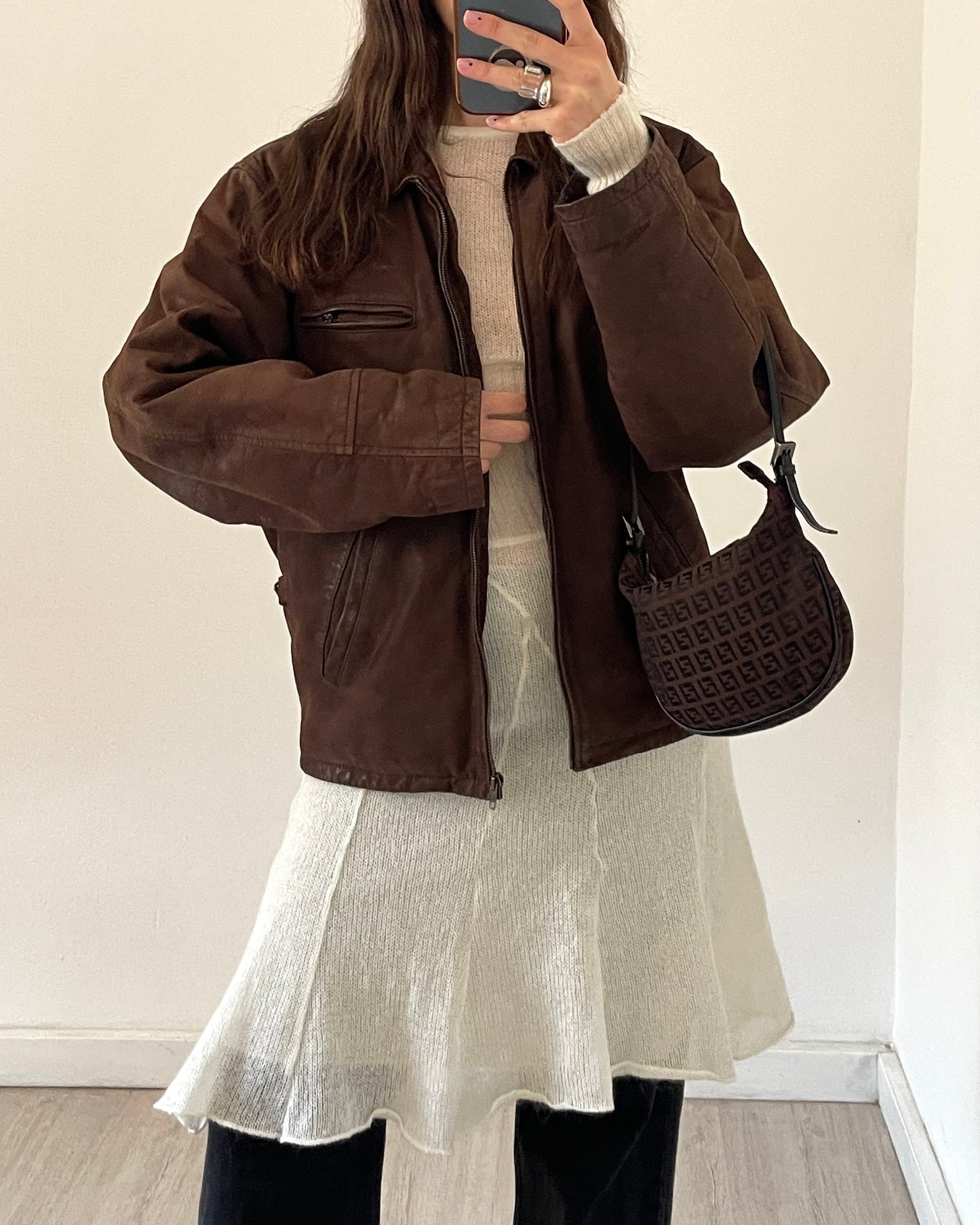 Brown leather bomber jacket