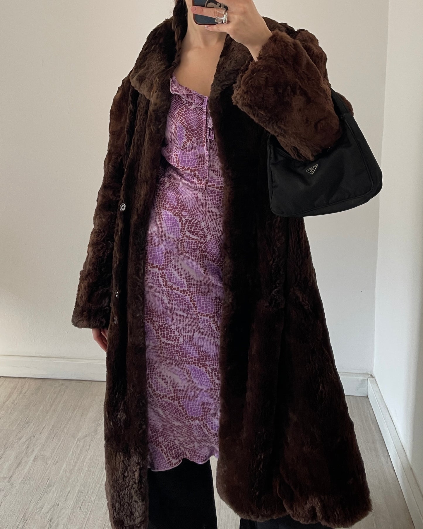 Brown long faux fur coat