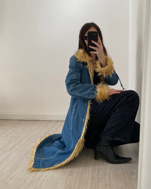 00s long denim coat with faux fur
