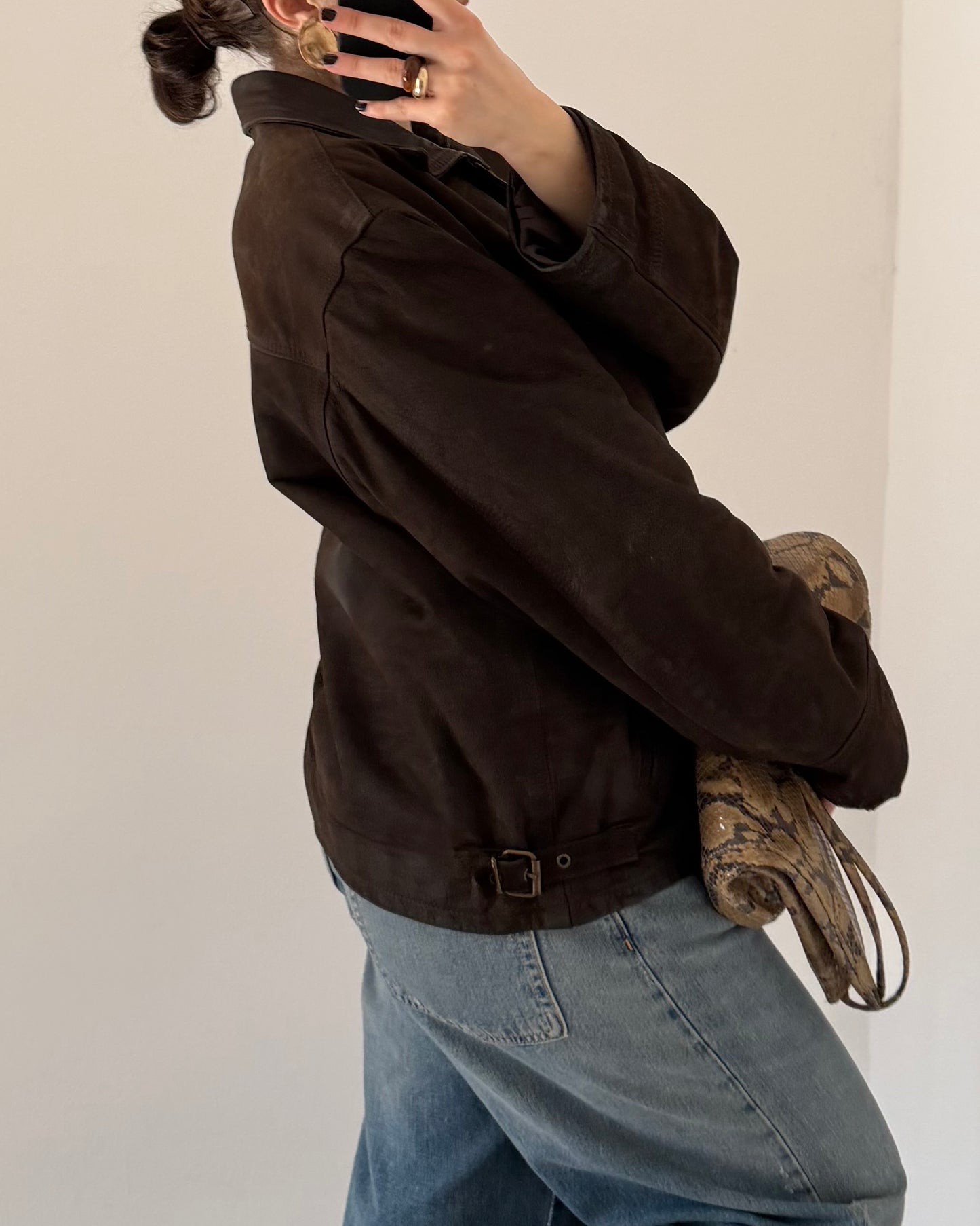 Brown distressed leather bomber jacket