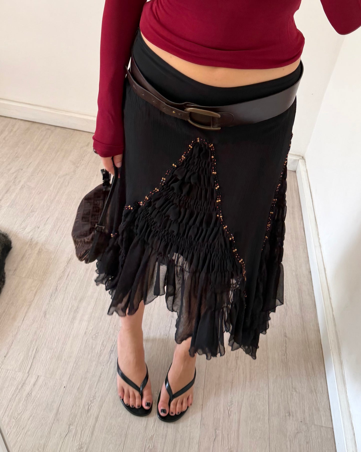 Embroidered chiffon midi skirt