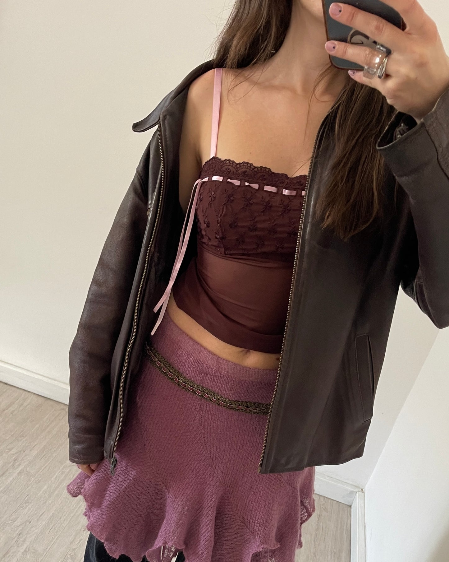 Sheer top with baby pink ribbon