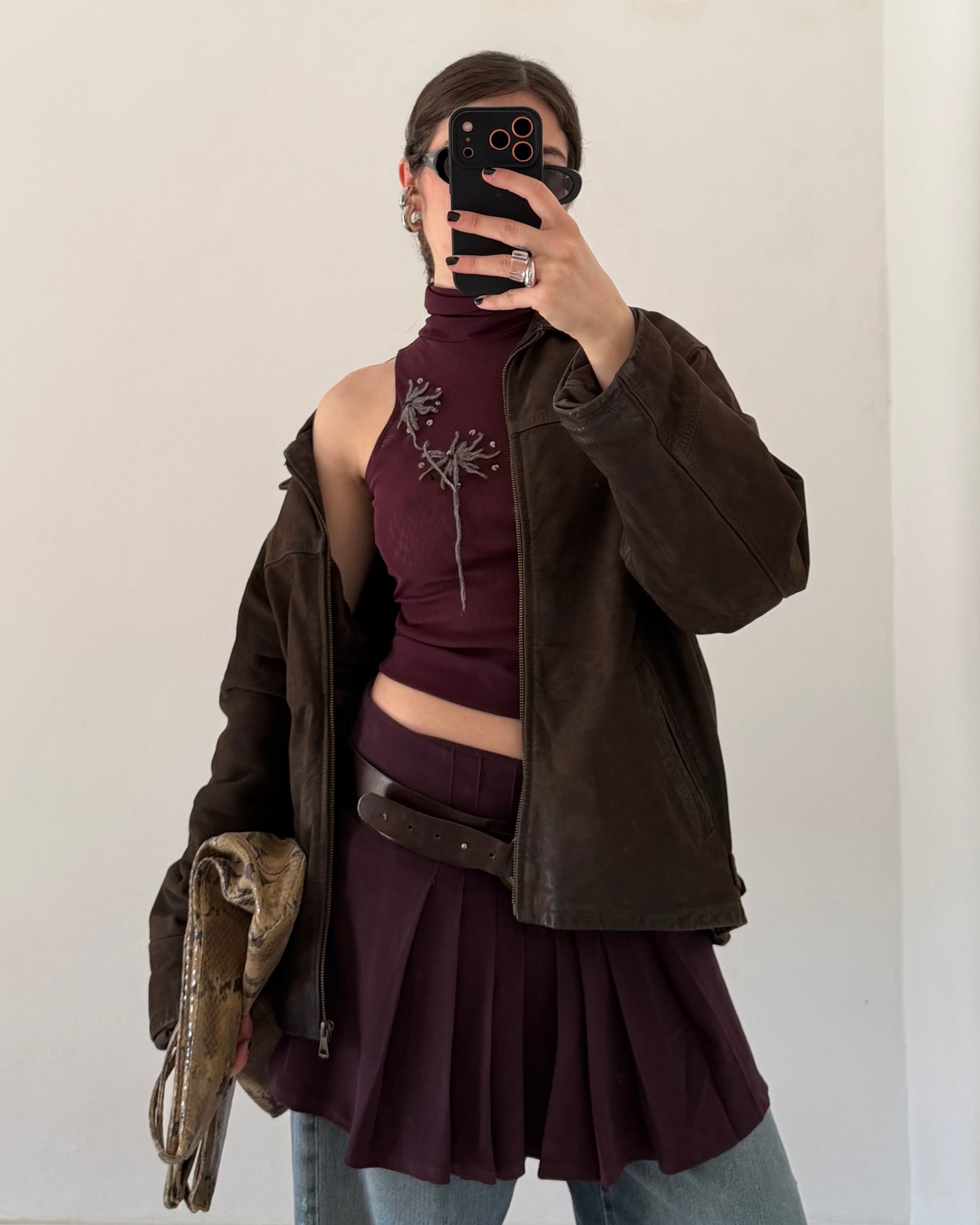 Brown distressed leather bomber jacket