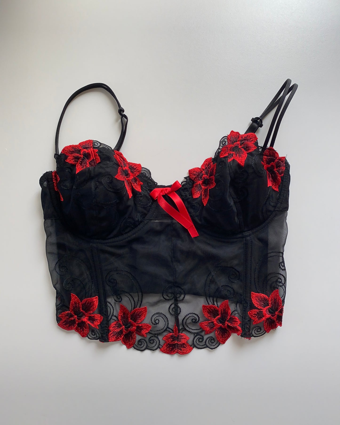 Mesh corset with floral embroidery