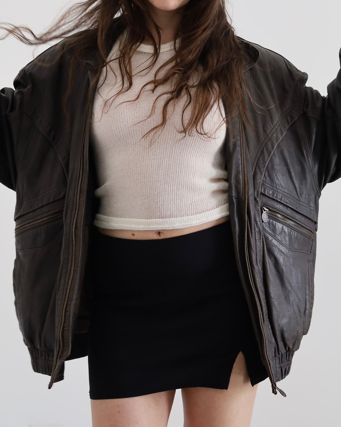 Brown leather bomber jacket