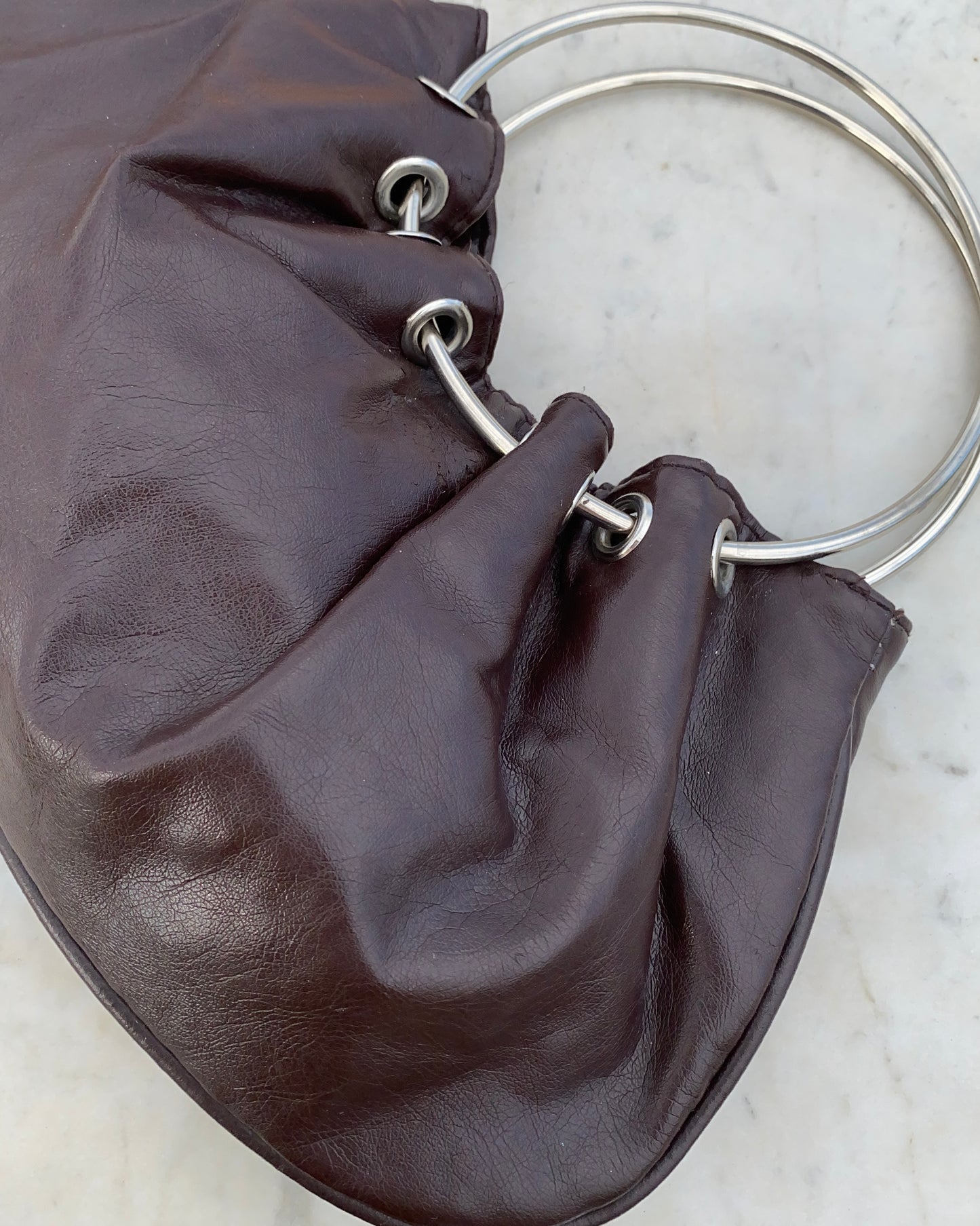 Y2k brown ruched mini bag with metal ring