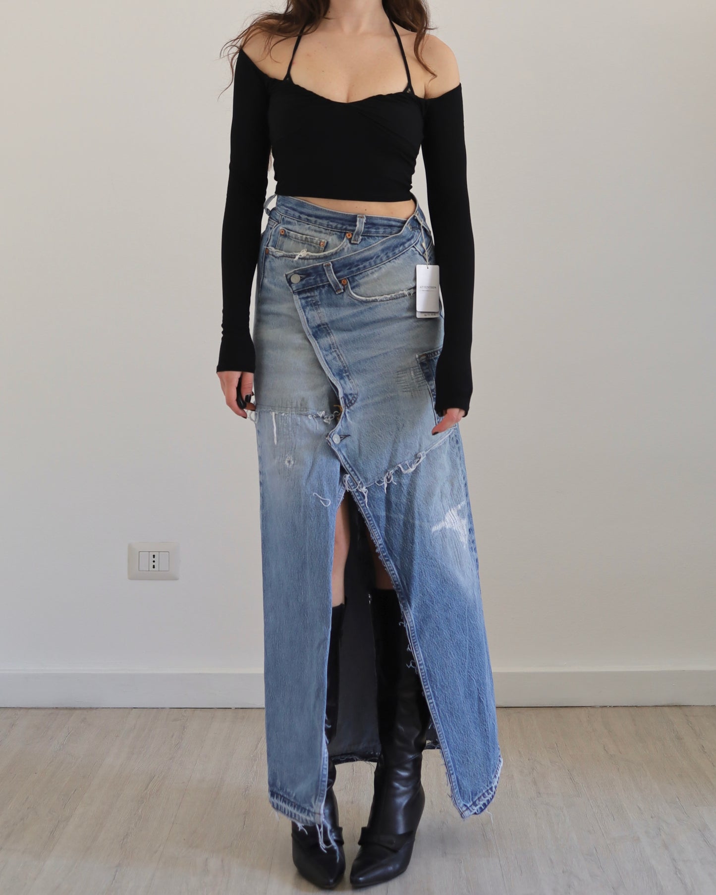 Long patchwork denim skirt