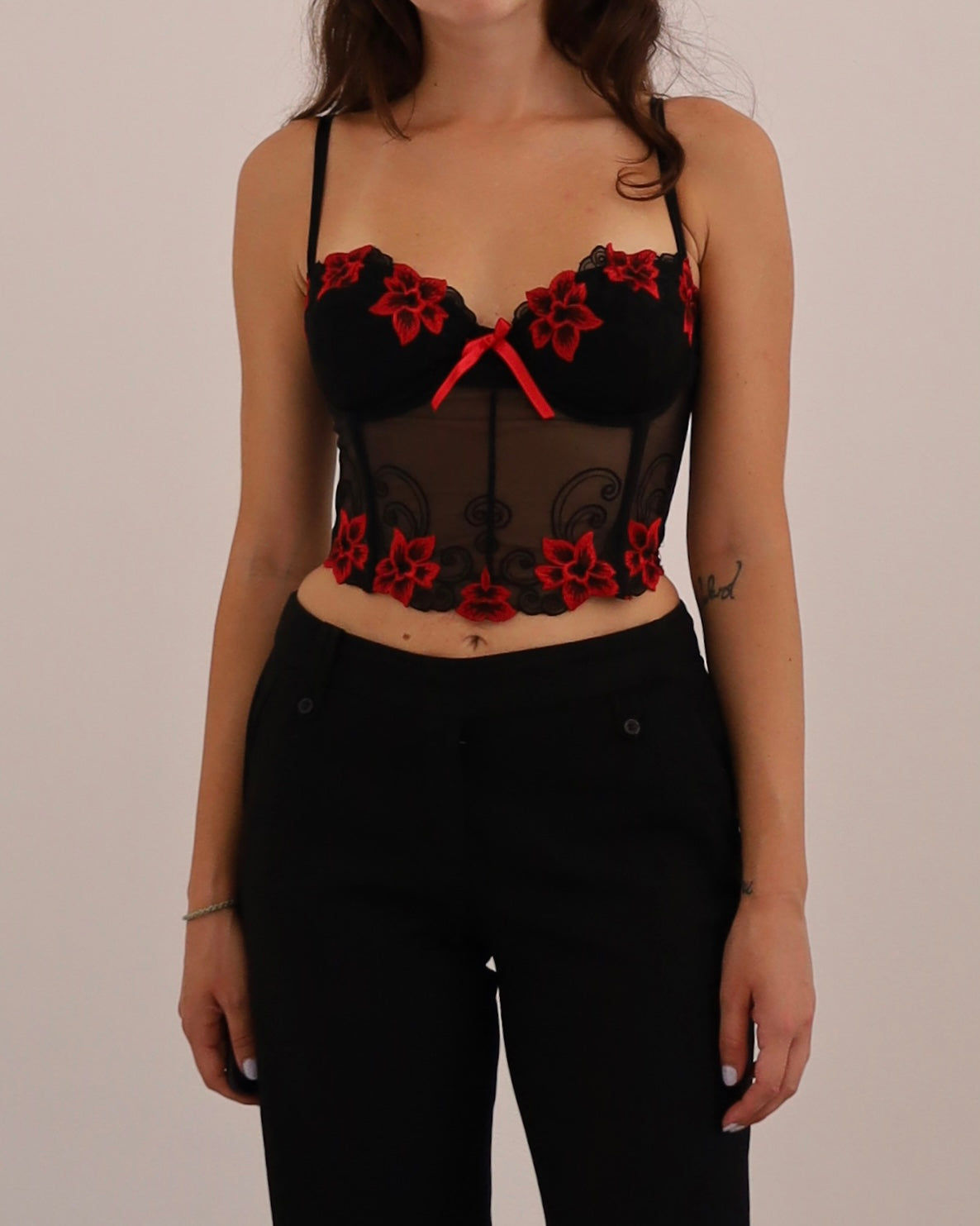 Mesh corset with floral embroidery