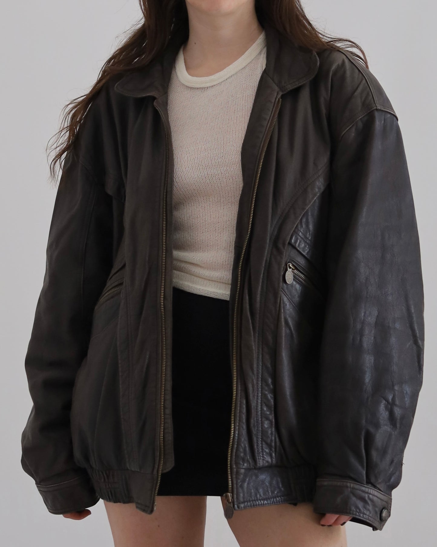 Brown leather bomber jacket