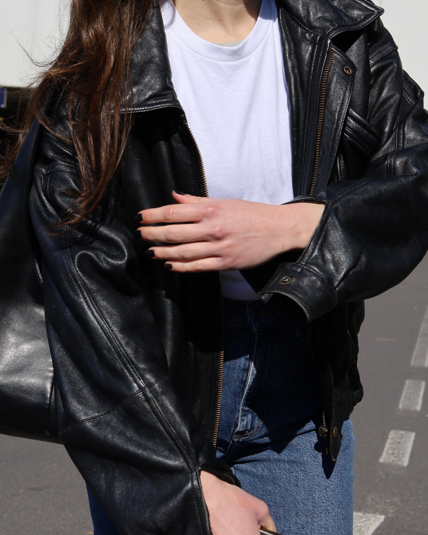 Black leather bomber jacket