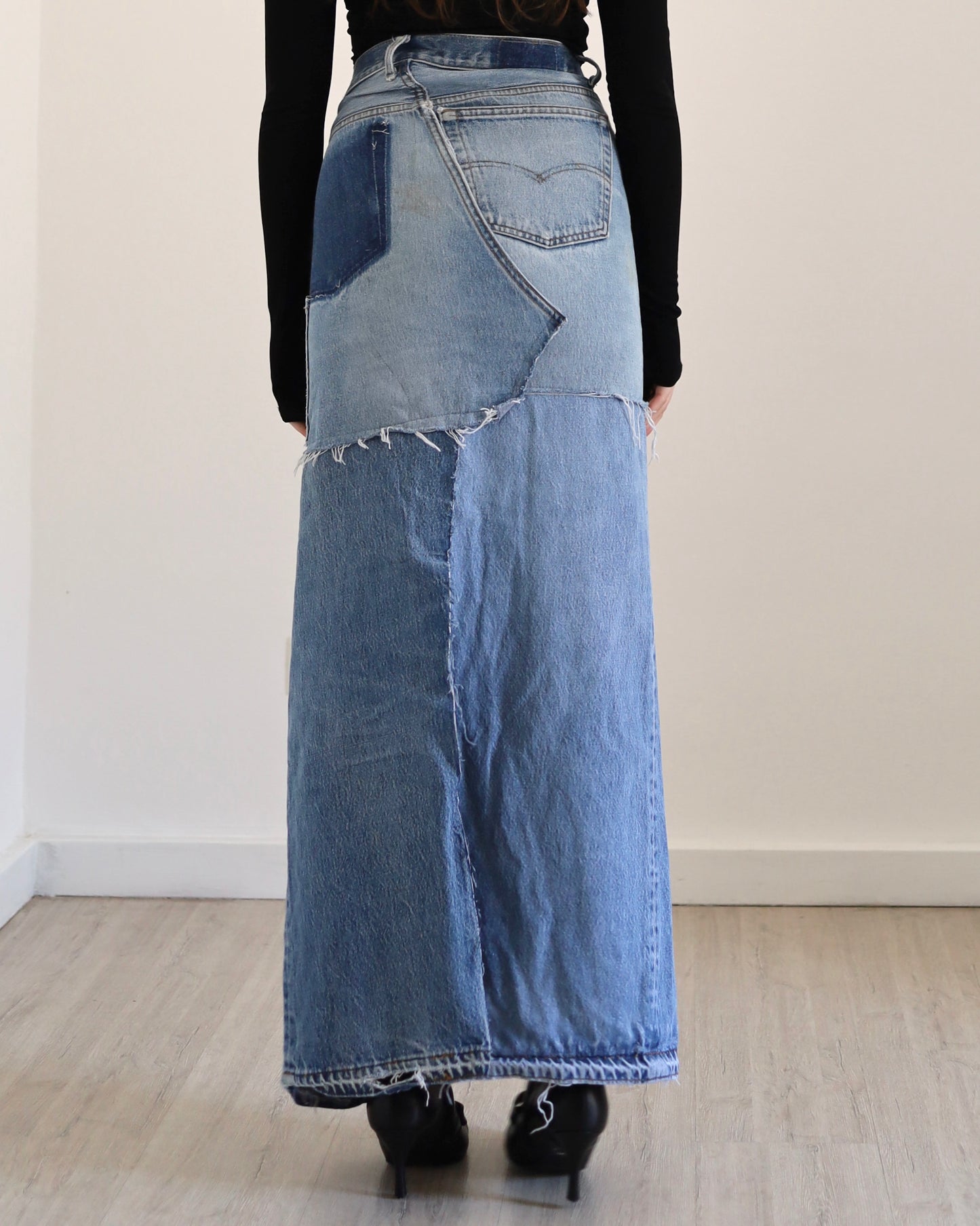 Long patchwork denim skirt