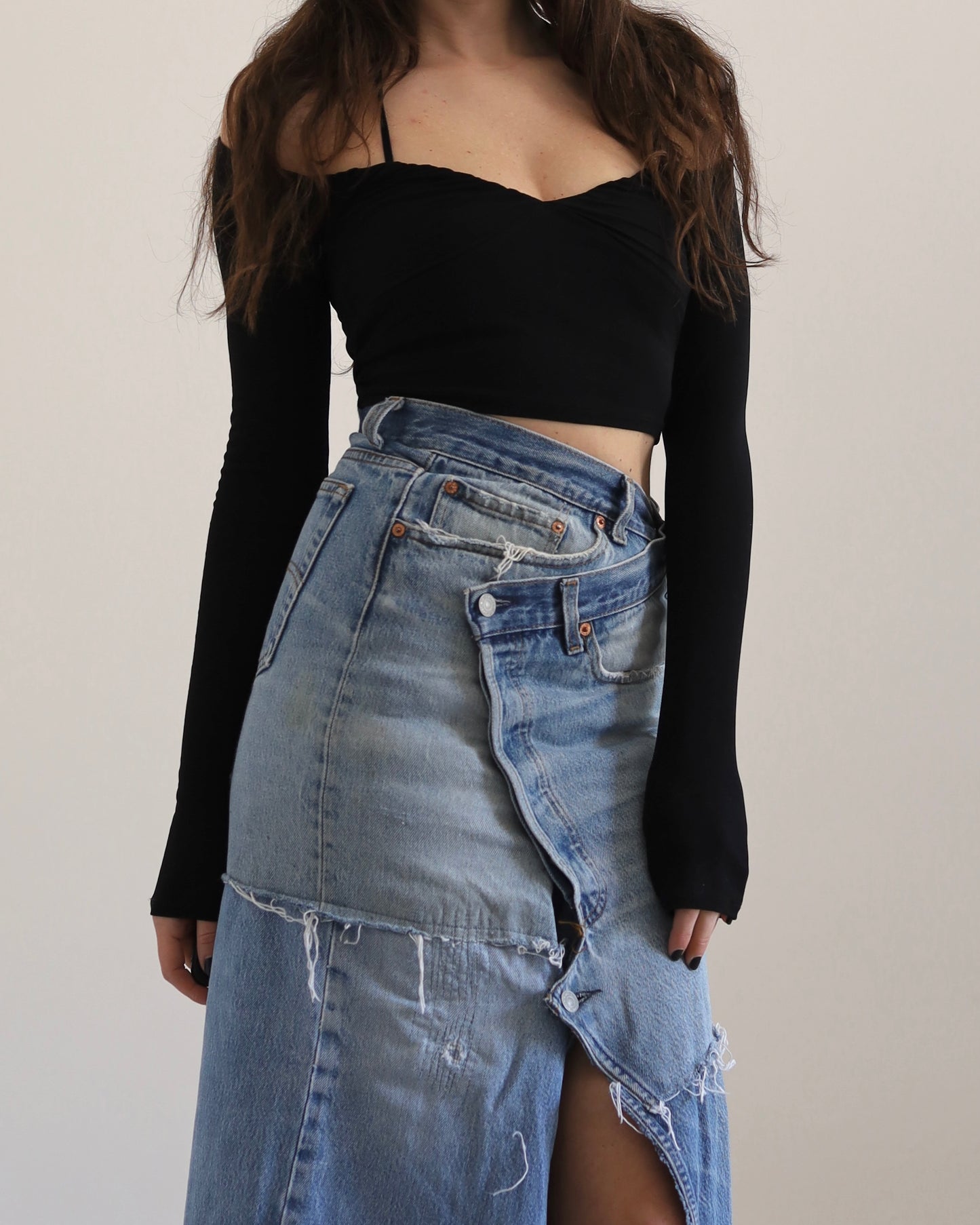 Long patchwork denim skirt