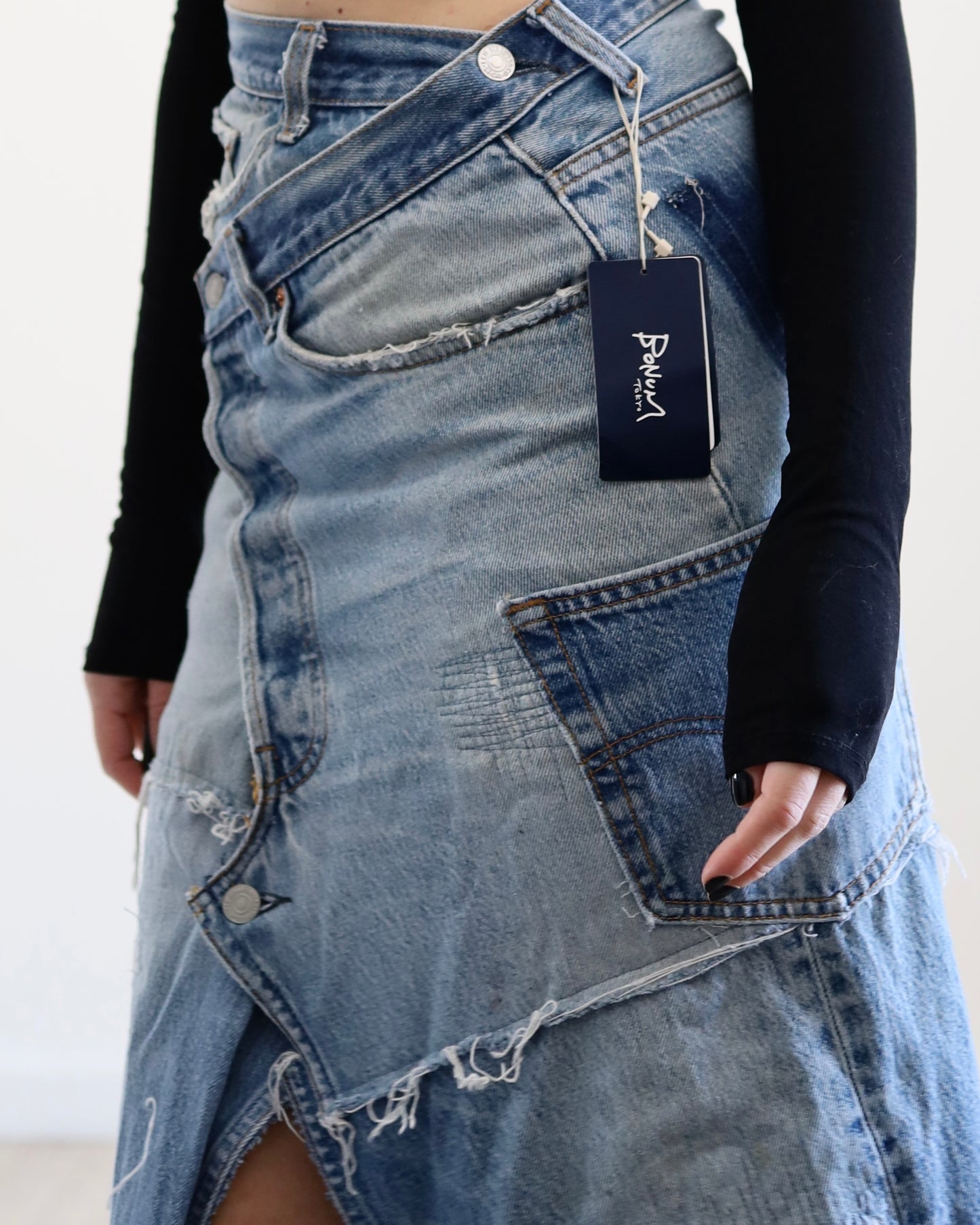 Long patchwork denim skirt