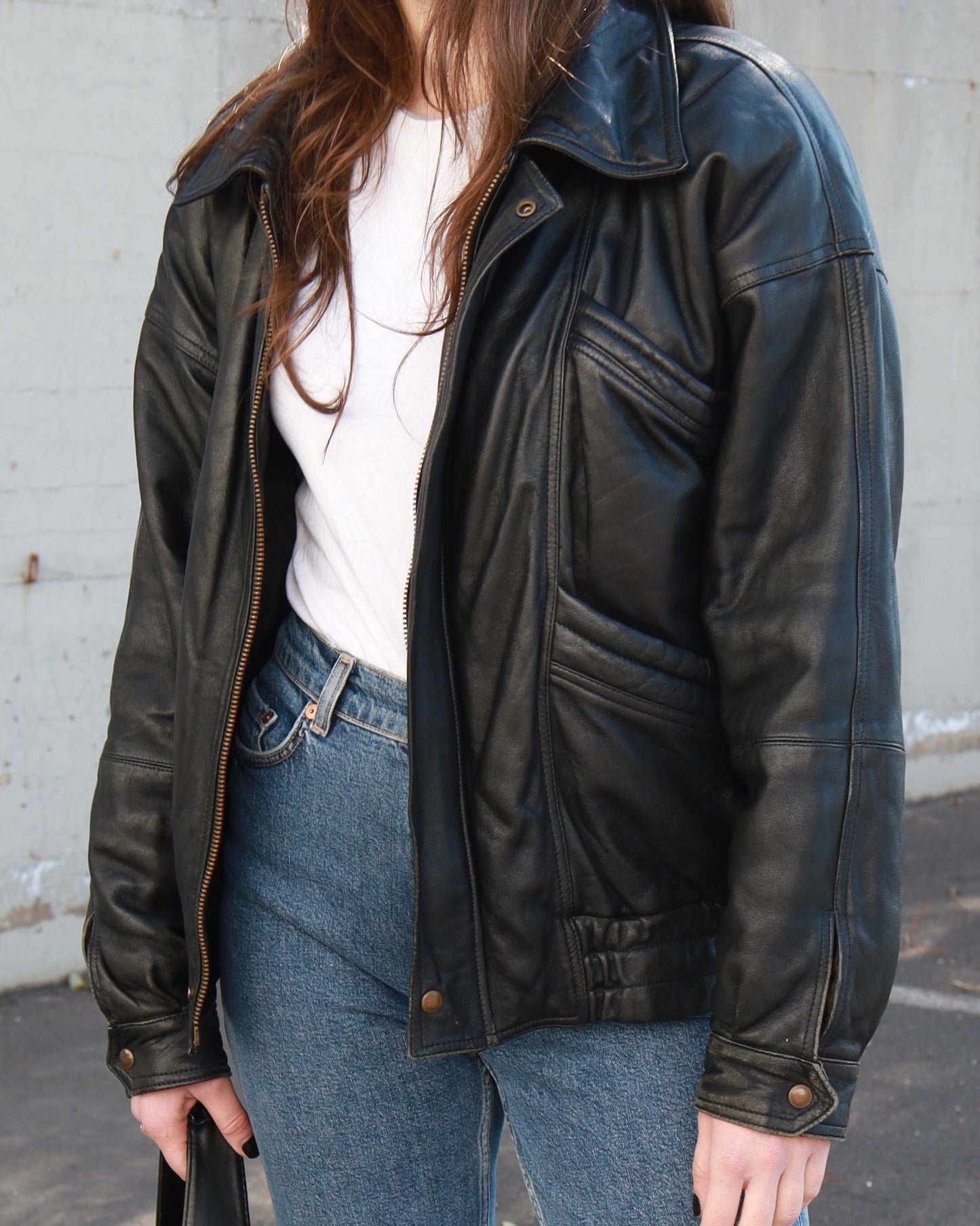 Black leather bomber jacket