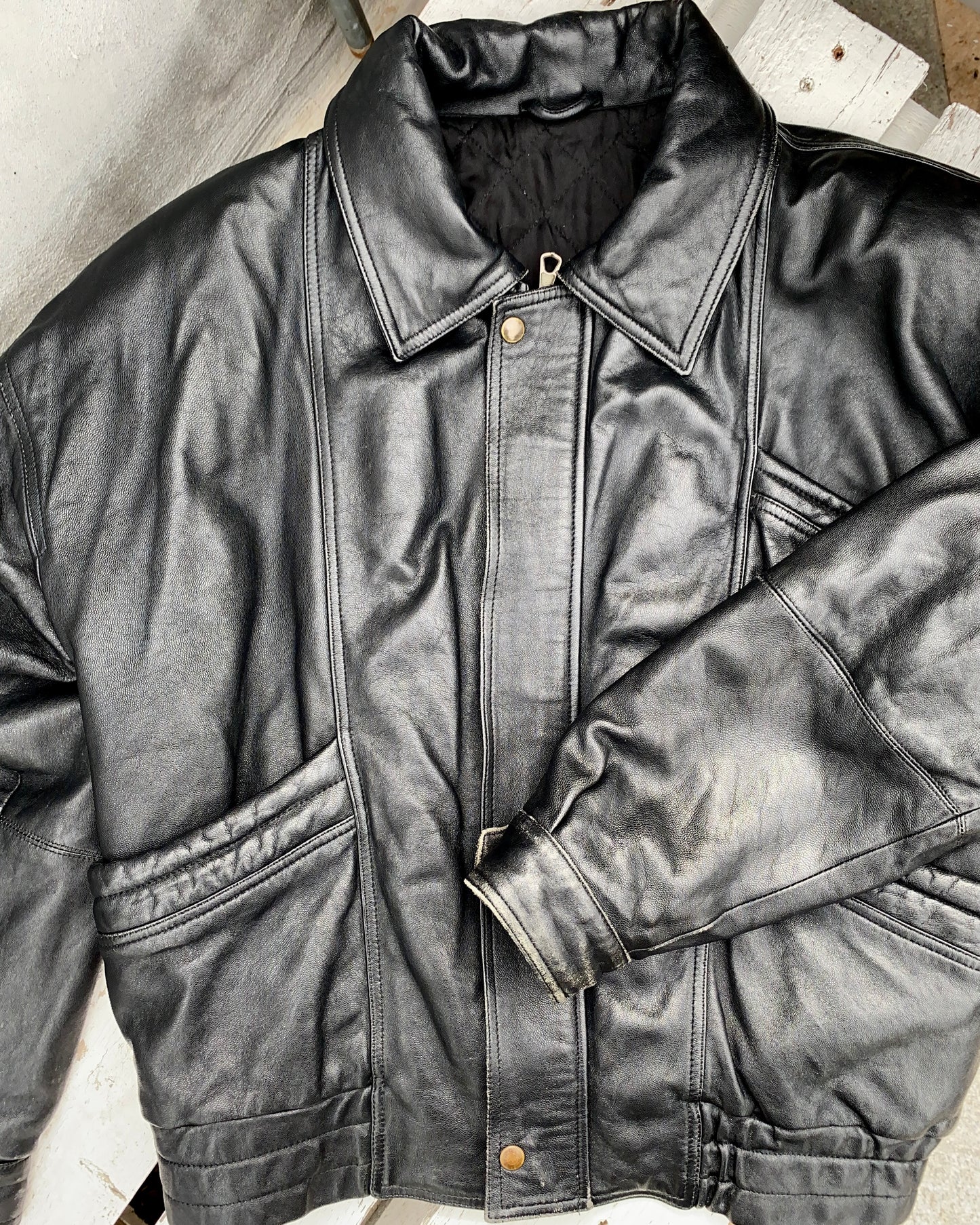 Black leather bomber jacket