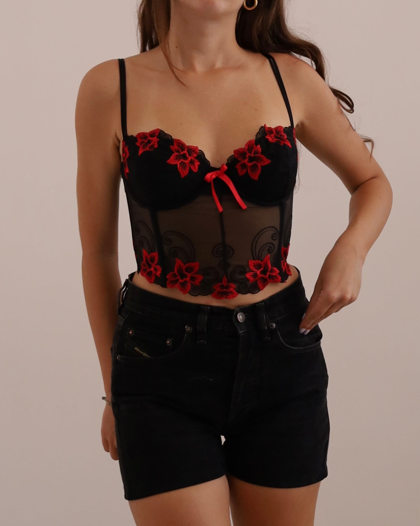 Mesh corset with floral embroidery