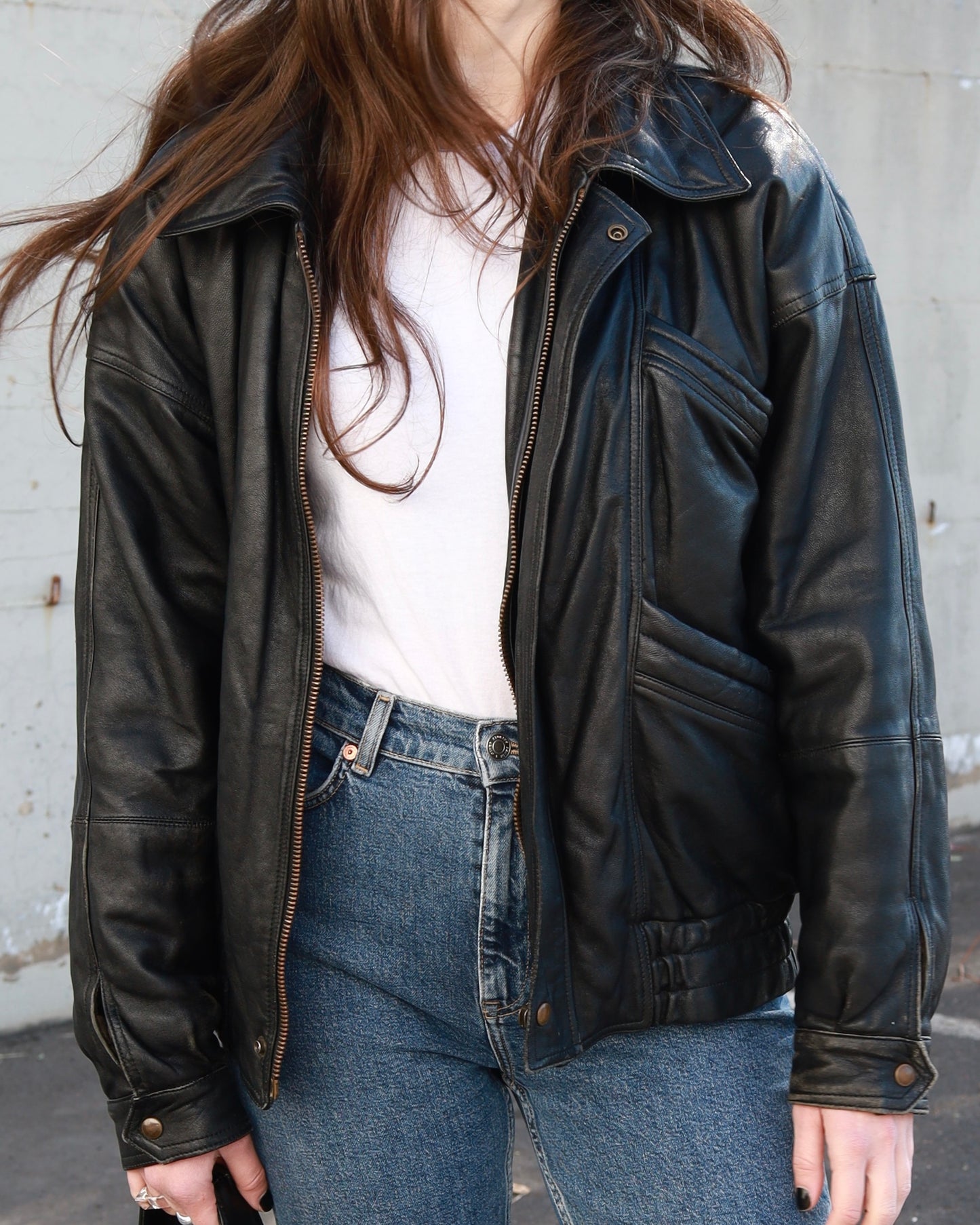 Black leather bomber jacket