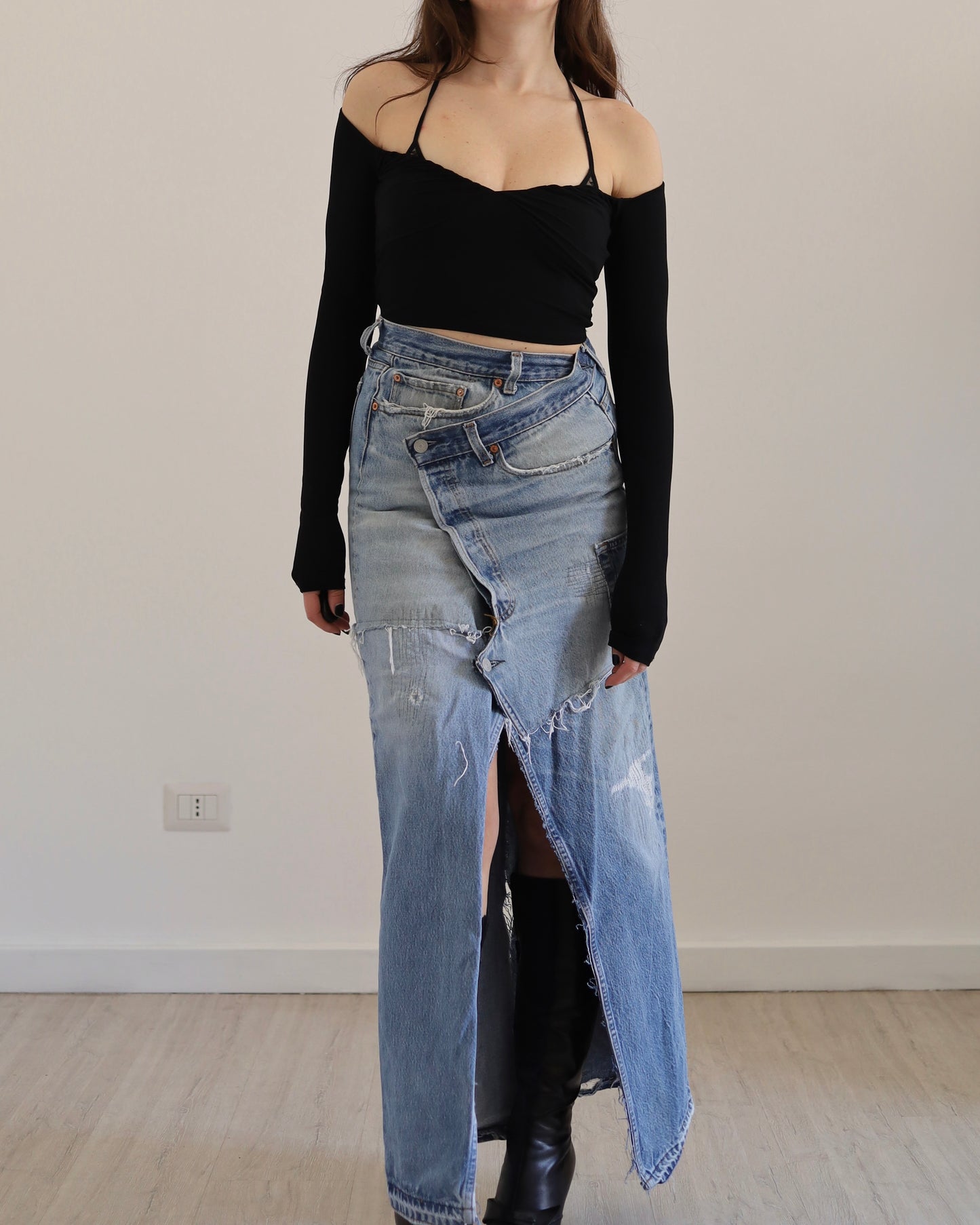 Long patchwork denim skirt