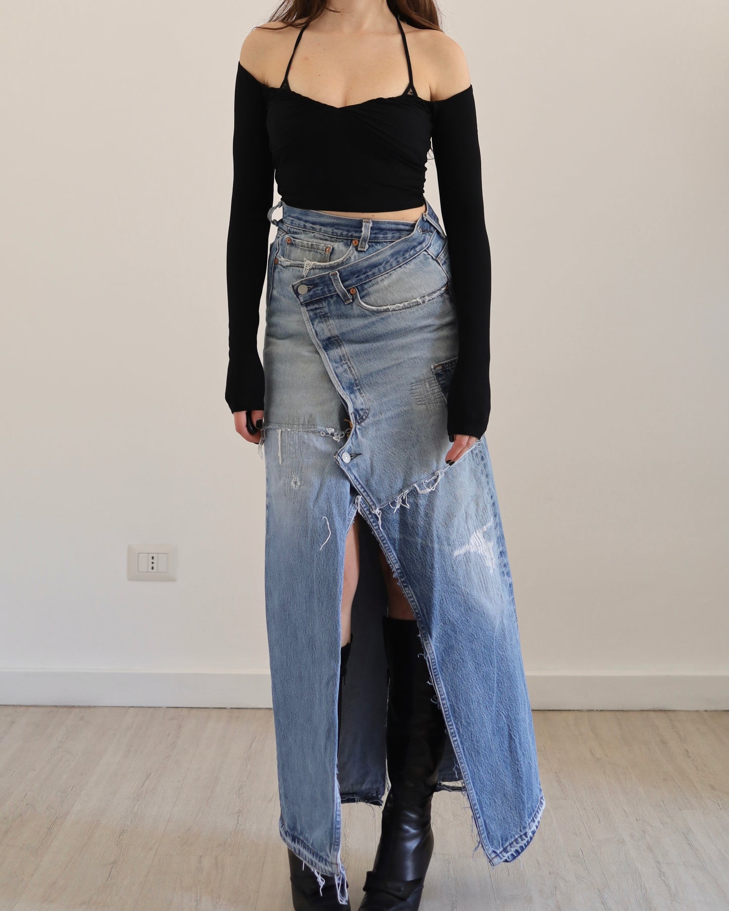 Long patchwork denim skirt