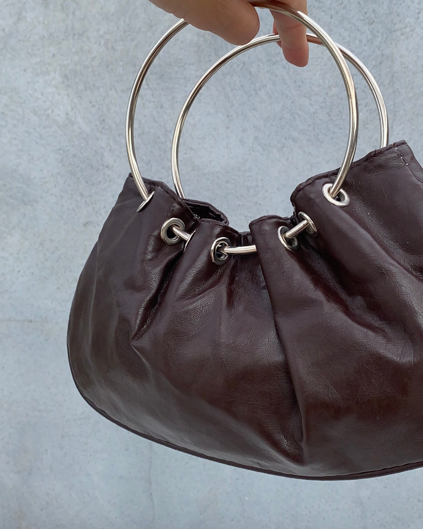 Y2k brown ruched mini bag with metal ring