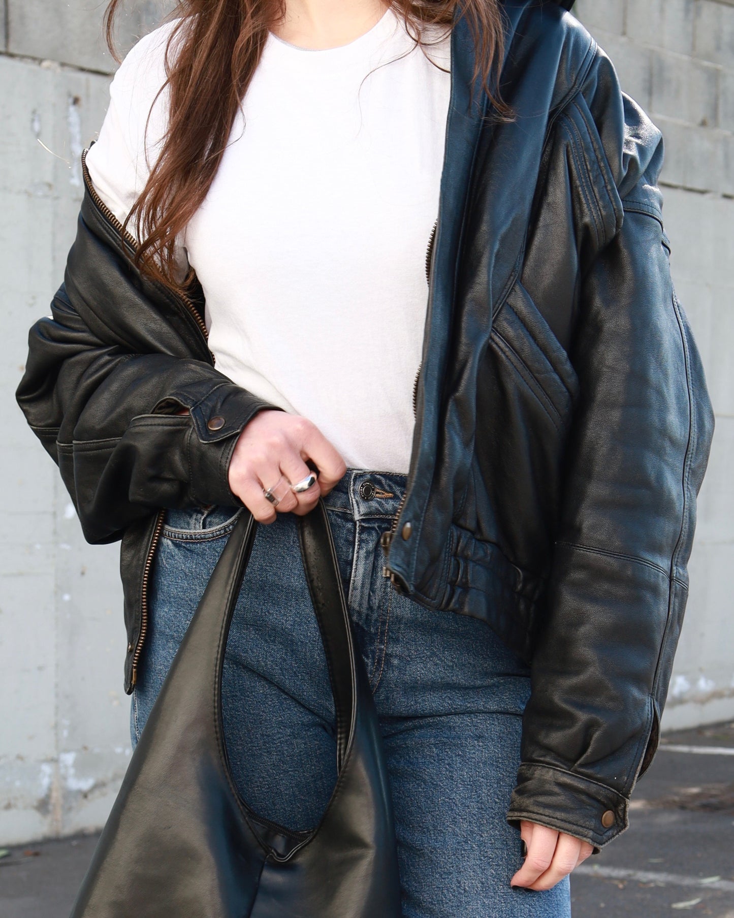 Black leather bomber jacket