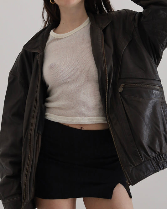 Brown leather bomber jacket