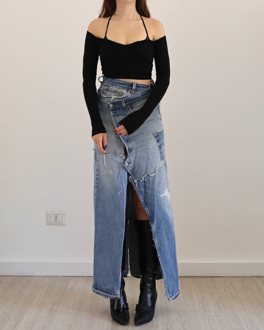 Long patchwork denim skirt