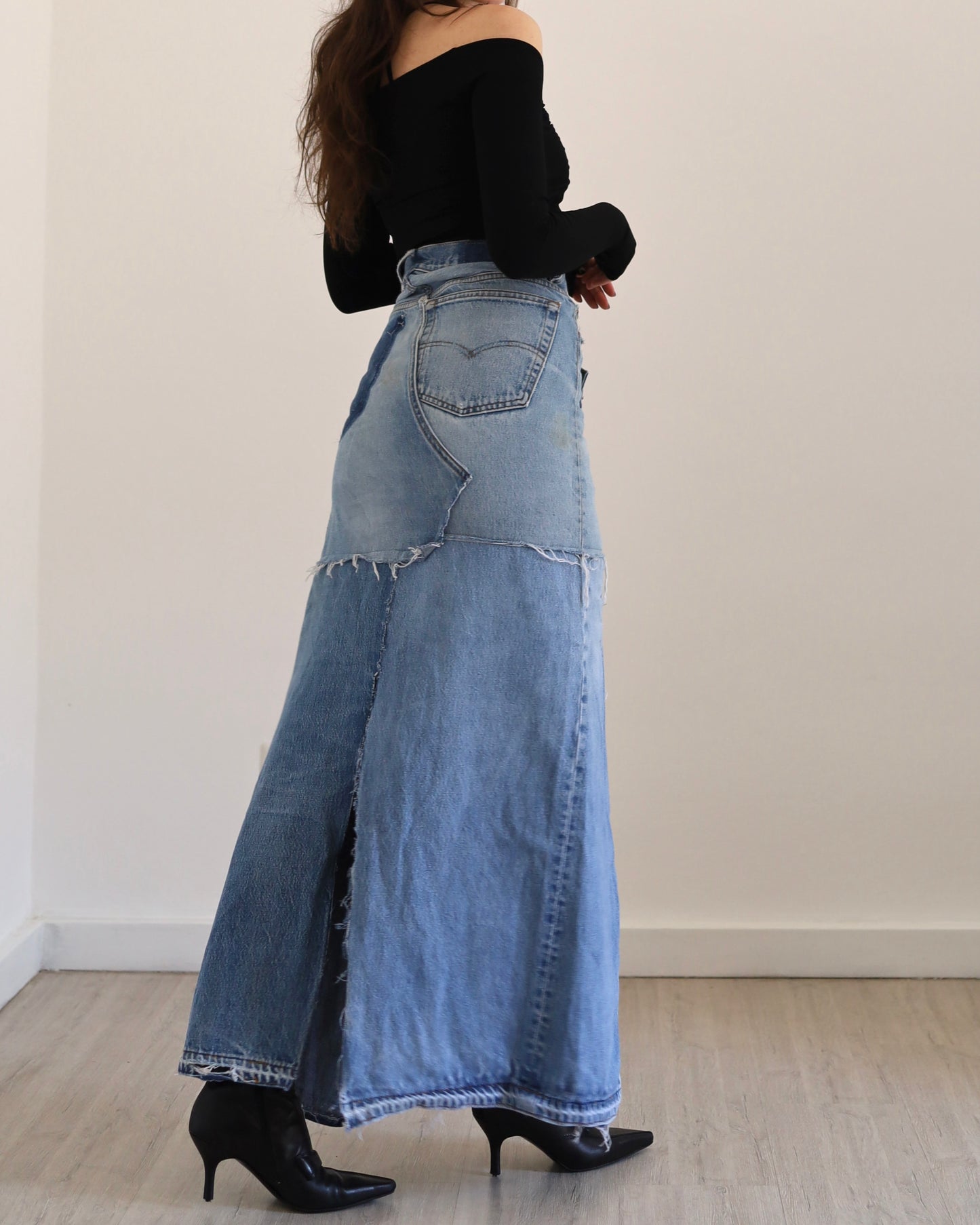 Long patchwork denim skirt