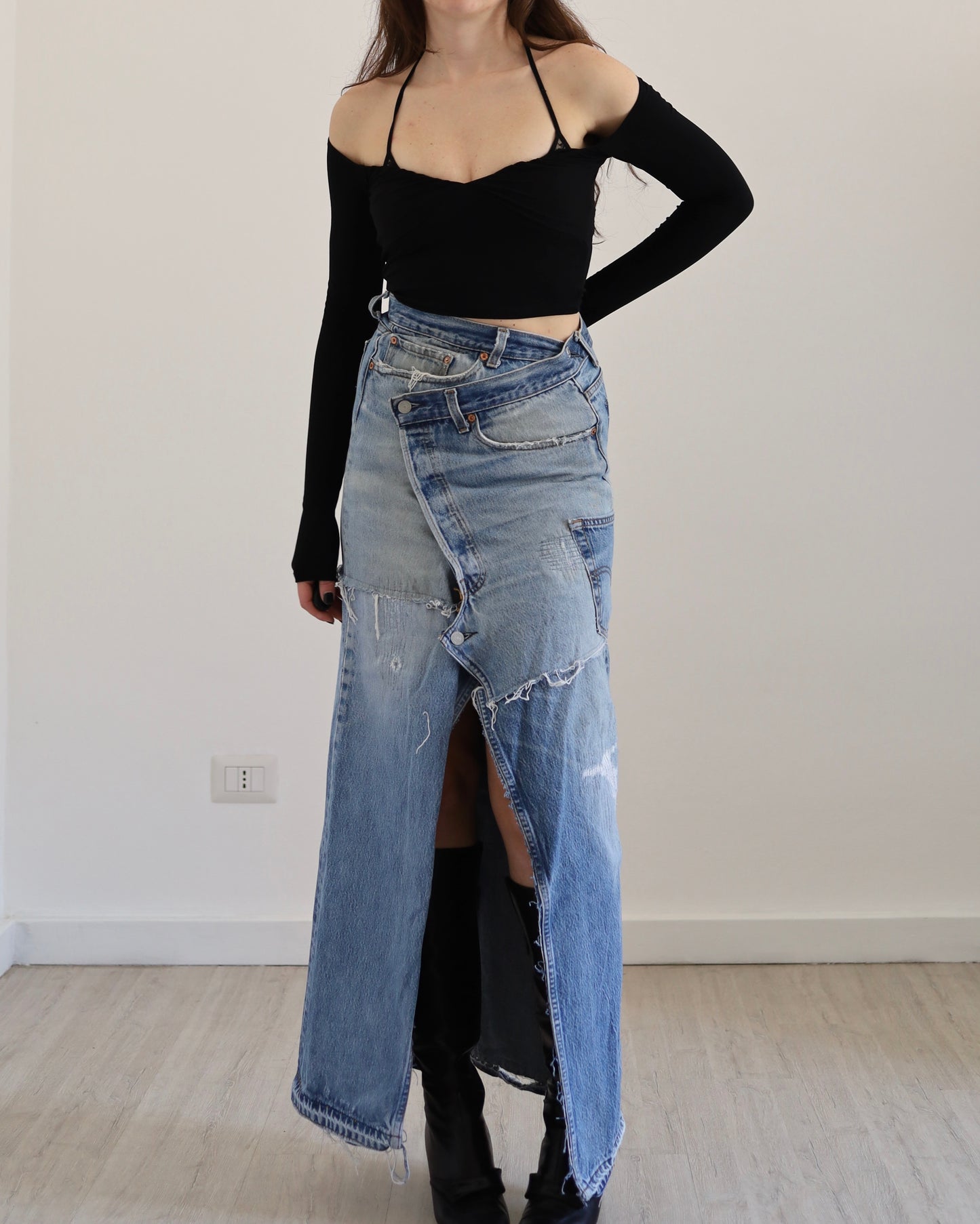 Long patchwork denim skirt